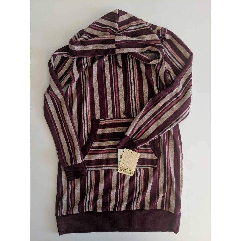 Be Bop Hooded Burgundy Striped Sweatshirt Junior's Hoodie pouch Dress NWT SZ S